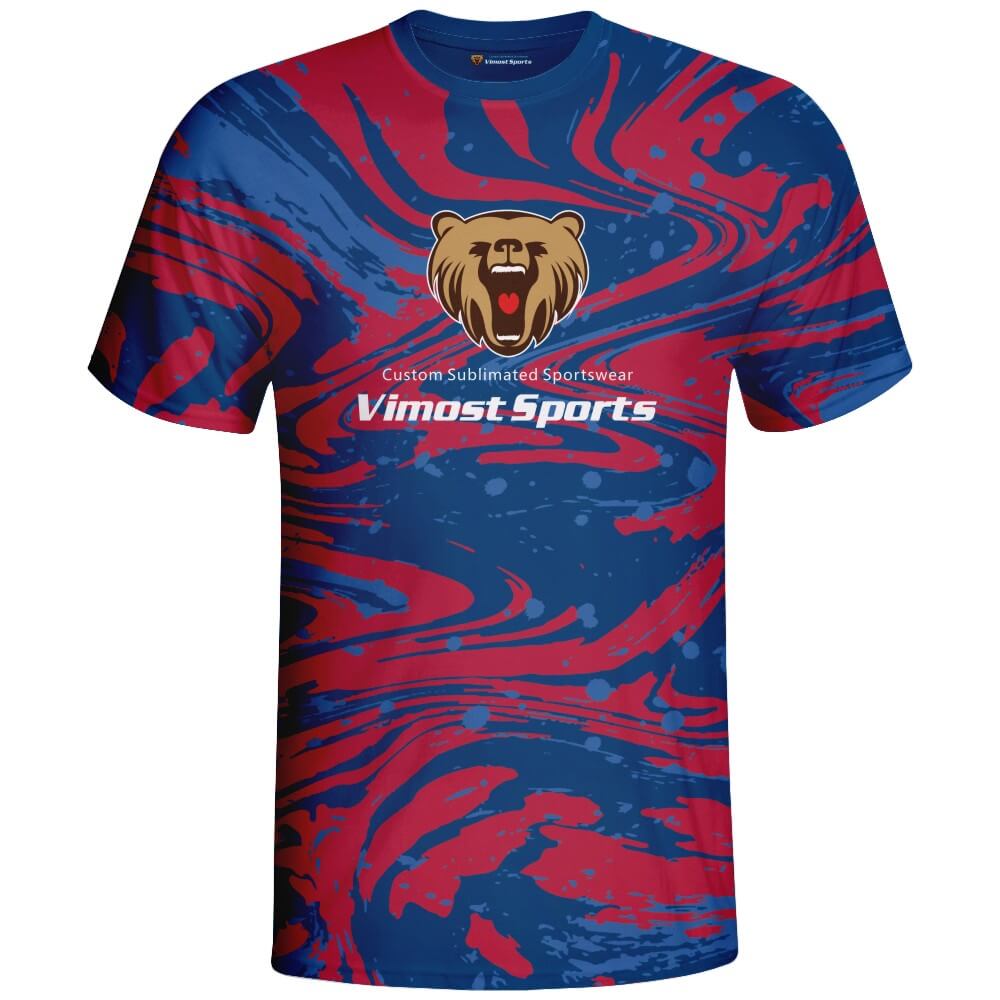 Custom 100% Polyester Round Neck T-shirt with Blue And Red Colors